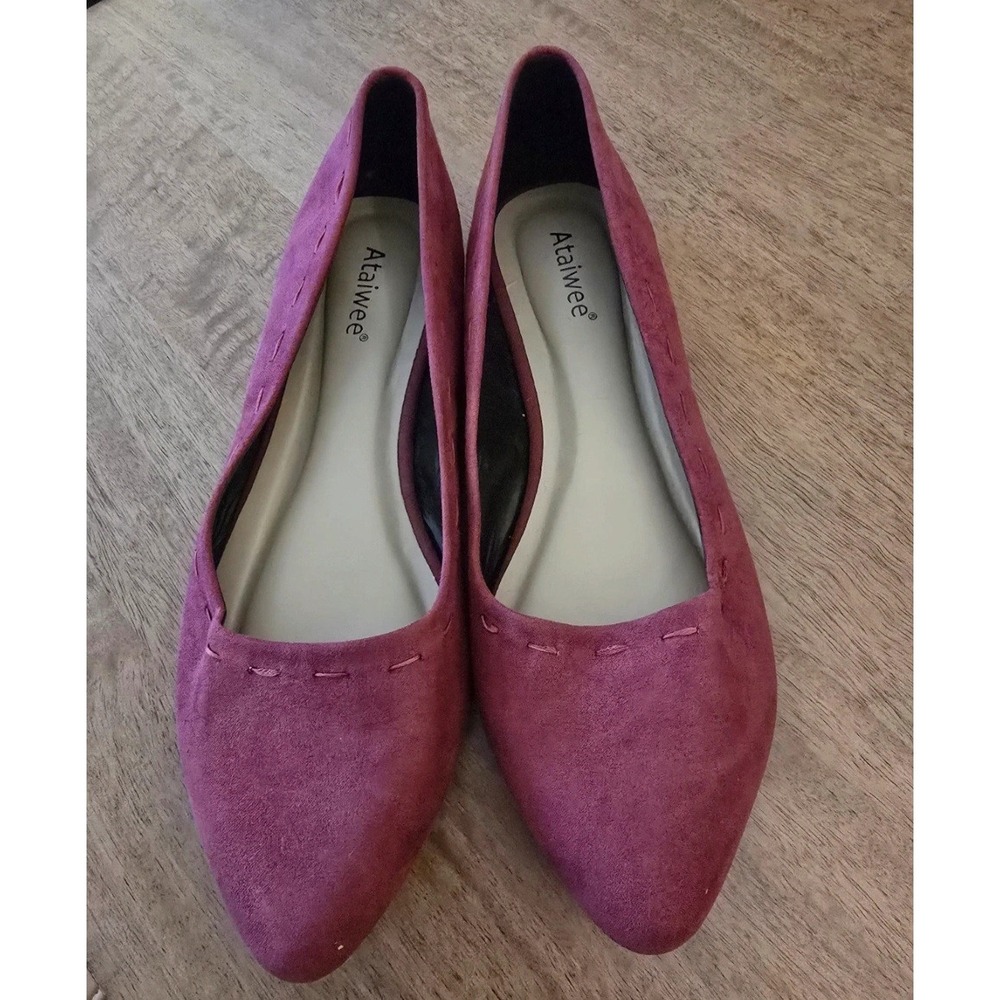 Ataiwee Womens Magenta Faux Suede Pointed Toe Whipstitch Ballet Flats Size 9